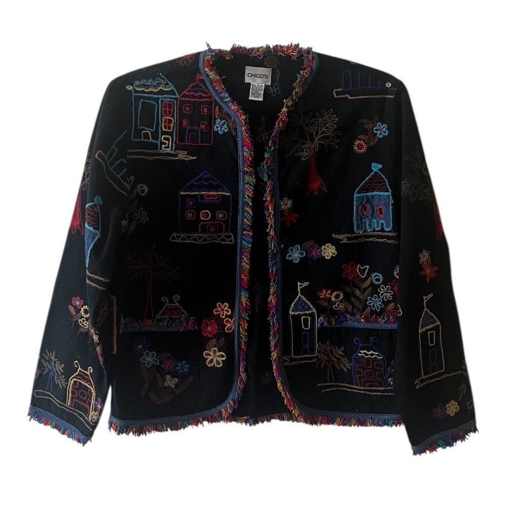 Chico’s Vintage Cotton Whimsical Floral Black Embroidered Open Jacket Size Small